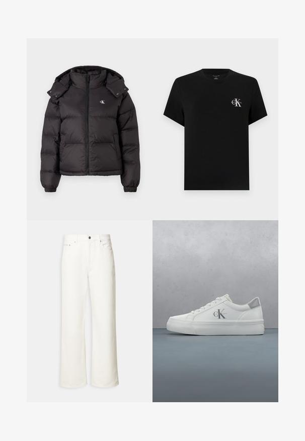 Zwarte pufferjack met hoge kraag, ritssluiting en een geborduurd logo op de borst. Heeft elastische manchetten en een afneembare capuchon.; Zwart T-shirt met korte mouwen en ronde hals, met een klein wit Calvin Klein "cK"-logo op de linkerborst.; Witte jeans met wijde pijpen, voorste knoopsluiting, riemlussen en een ontwerp met vijf zakken.; Witte leren sneakers met een platte zool, voorzien van een subtiele grijze hielaccent en een prominent 'CK' logo aan de zijkant.