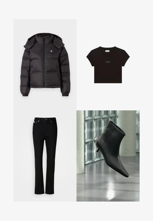 Schwarze Pufferjacke mit hohem Kragen, Reißverschluss und gesticktem Logo auf der Brust. Verfügt über elastische Bündchen und eine abnehmbare Kapuze.; Schwarzes kurzärmeliges Crop-T-Shirt mit rundem Ausschnitt und kleinem weißen "Calvin Klein" Logo-Text mittig auf der Brust.; Schwarze Jeans mit geradem Bein, Knopf- und Reißverschluss vorne, Gürtelschlaufen und Fünf-Taschen-Design.; Schwarzer Leder-Stiefelette mit spitzer Zehenpartie und niedrigem Kitten-Heel, schräg dargestellt vor einem polierten Boden und einer Glasbausteinwand.