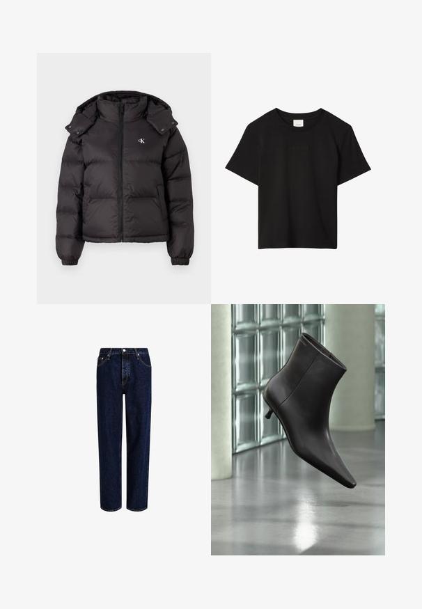Doudoune noire avec un col haut, fermeture éclair et un logo brodé sur la poitrine. Caractéristiques : poignets élastiques et capuche amovible.; T-shirt noir à manches courtes col rond avec un discret logo Calvin Klein embossé centré sur la poitrine.; Jeans en denim bleu foncé avec une coupe droite, dotés d'une taille haute, d'un style à cinq poches et de coutures contrastantes. Sans embellissements.; Bottine en cuir noir avec bout pointu et petit talon, présentée devant un mur en blocs de verre et un sol poli.