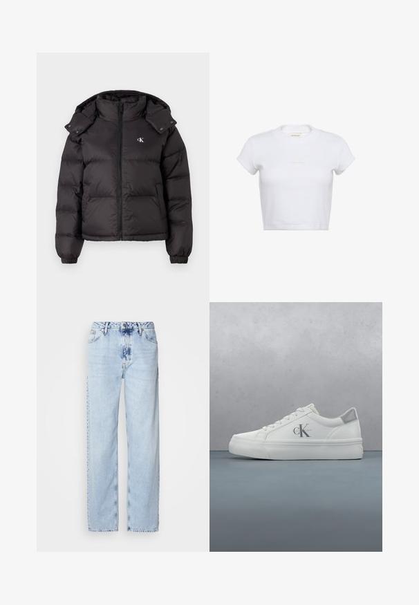 Doudoune noire avec un col haut, fermeture éclair et un logo brodé sur la poitrine. Caractéristiques : poignets élastiques et capuche amovible.; T-shirt blanc court à manches courtes avec une texture côtelée. Présente un col rond et un logo "Calvin Klein" discret de couleur claire à l'avant.; Jeans large bleus clairs en denim, avec une taille haute, un lavage décoloré et un motif tie-dye subtil à l'avant.; Baskets en cuir blanc avec une semelle plate, présentant un subtil accent gris au talon et un logo 'CK' bien en vue sur le côté.
