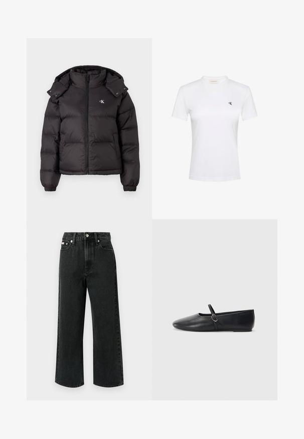 Schwarze Pufferjacke mit hohem Kragen, Reißverschluss und gesticktem Logo auf der Brust. Verfügt über elastische Bündchen und eine abnehmbare Kapuze.; Weißes T-Shirt mit kurzen Ärmeln aus weichem Stoff und rundem Ausschnitt. Auf der linken Brust befindet sich ein kleines schwarzes "ck"-Logo. Klassische Passform.; Schwarze Jeans mit weitem Bein, hoher Taille, zwei Vordertaschen, einer einzigen Gesäßtasche und einem Knopfverschluss mit silbernem Akzent.; Schwarze Leder-Ballettschuhe mit spitzem Schuhzeug, flacher Sohle und einem kleinen Riemen mit silberner Schnalle.