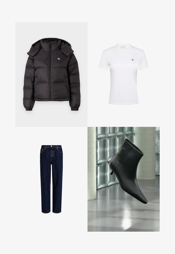 Sort vinterjakke med høj krave, lynlås lukning og broderet logo på brystet. Har elastiske manchetter og en aftagelig hætte.; Hvid T-shirt med korte ærmer i blødt stof med rund halsudskæring. Har en lille sort "ck"-logo på venstre bryst. Klassisk pasform.; Mørkeblå denim jeans med lige ben-design, der har høj talje, fem-lomme-stil og kontrastsyninger. Ingen dekorationer.; Sort læderankelstøvle med spids tå og lav kitten-hæ, vist vinklet mod en poleret gulv- og glasblokvæg.
