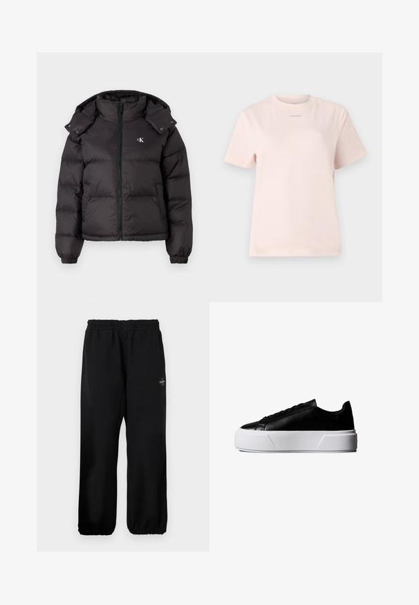 Zwarte pufferjack met hoge kraag, ritssluiting en een geborduurd logo op de borst. Heeft elastische manchetten en een afneembare capuchon.; Lichtroze katoenen t-shirt met een ronde hals, korte mouwen, en een klein "Calvin Klein" logo gedrukt in een bijpassende kleur op de borst.; Zwarte sweatpants met een elastische tailleband, losse pijpen en een klein logodetail aan de linkerzijde. Gladde stoftextuur.; Zwarte lage sneaker met dikke witte plateauzool en zwarte veters, zijaanzicht op een witte achtergrond.