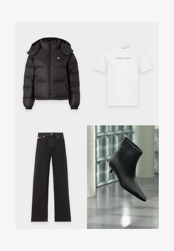 Doudoune noire avec un col haut, fermeture éclair et un logo brodé sur la poitrine. Caractéristiques : poignets élastiques et capuche amovible.; T-shirt en coton blanc avec col rond et manches courtes. Il affiche le texte "Calvin Klein" en gris sur la poitrine.; Jeans noirs à jambes larges en denim, avec une taille haute, une coupe à cinq poches et une fermeture à bouton en métal avec des coutures contrastantes.; Bottine en cuir noir à bout pointu et petit talon kitten, présentée en angle devant un sol poli et un mur en blocs de verre.