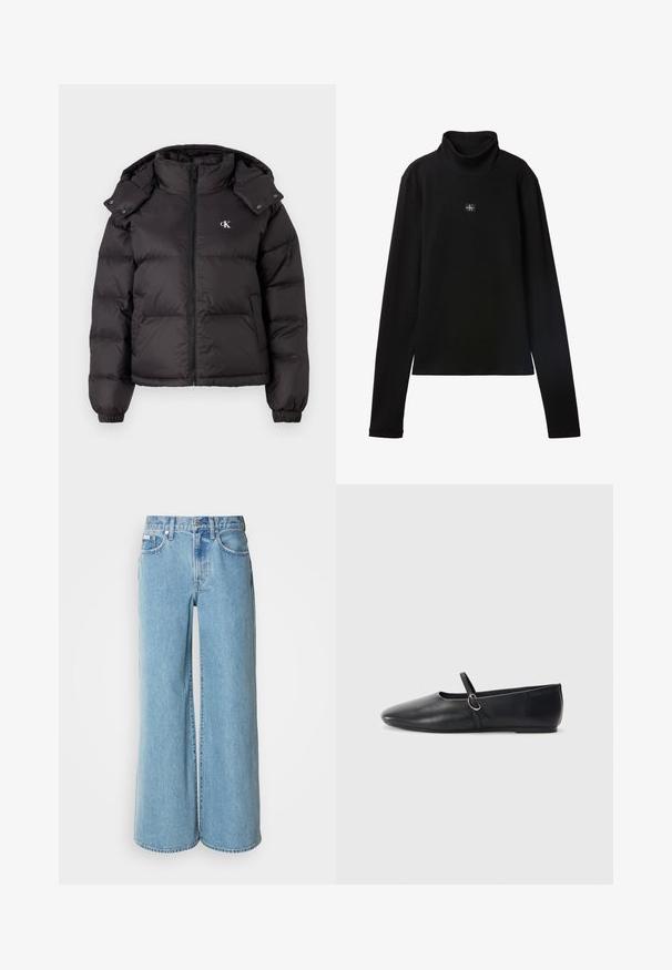 Zwarte pufferjack met hoge kraag, ritssluiting en een geborduurd logo op de borst. Heeft elastische manchetten en een afneembare capuchon.; Zwarte geribde coltrui met lange mouwen en een klein vierkant Calvin Klein-logo midden op de borst.; Lichtblauwe wijde jeans van denim, met een hoge taille, vijf pockets en subtiele vervaging langs de stof.; Zwarte leren balletschoenen met een spitse neus, platte zool en een kleine strap met een zilveren gespsluiting.