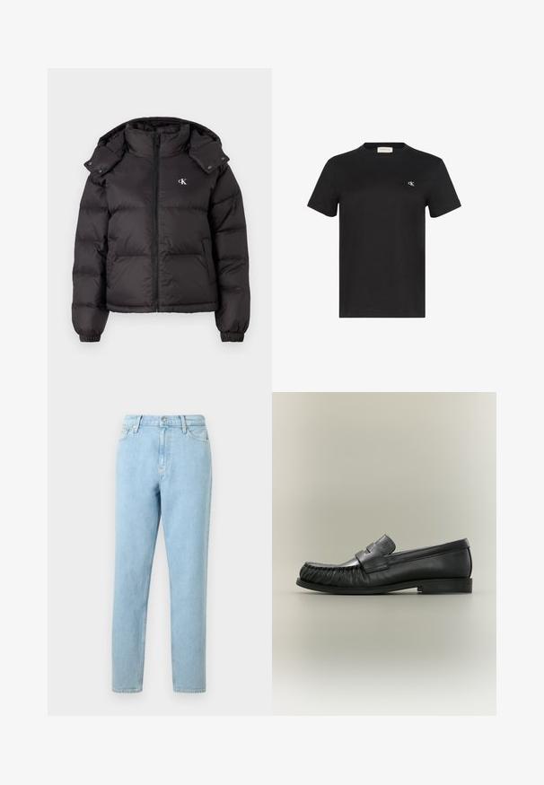 Doudoune noire avec un col haut, fermeture éclair et un logo brodé sur la poitrine. Caractéristiques : poignets élastiques et capuche amovible.; T-shirt en coton noir avec un col rond, des manches courtes, et un petit logo blanc sur le côté gauche de la poitrine. Texture lisse, coupe standard.; Jeans en denim bleu clair avec une coupe droite, design à cinq poches et fermeture à bouton. Présente un léger dégradé et une texture lisse.; Mocassin penny en cuir noir avec détail plissé au bout et talon bas empilé, vu de côté sur un fond neutre.