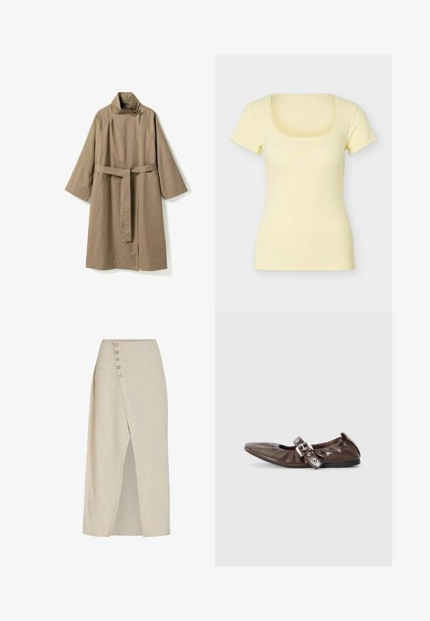 Long trench beige avec manches larges, col montant fermé par un bouton, et ceinture assortie en tissu nouée à la taille.; Haut à manches courtes côtelé jaune clair avec un col carré et un logo brodé discret sur la poitrine.; Jupe midi beige portefeuille avec fente devant et quatre boutons le long de la ceinture gauche, réalisée en tissu texturé.; Chaussure plate en cuir verni marron avec un bout pointu, un détail de nœud élastiqué et une accent en boucle en argent sur le côté. Semelle en caoutchouc noir.