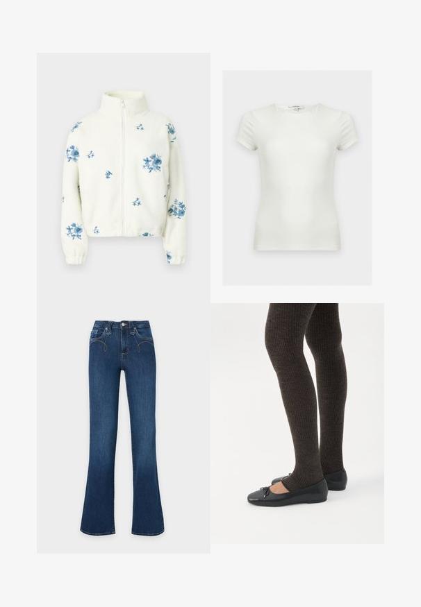 Veste en polaire blanche avec broderie florale bleue. Dotée d'un col montant et d'une fermeture éclair à l'avant. Manches avec poignets et coupe décontractée.; T-shirt ajusté blanc uni à manches courtes avec encolure ronde, présenté sur un fond neutre.; Jean en denim bleu foncé à taille haute, bouton et fermeture éclair devant, jambes évasées.; Jambes portant des leggings côtelés foncés associés à des ballerines noires avec de petits détails en nœud sur fond blanc.