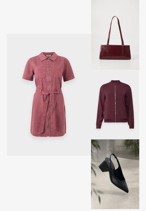 Veste bomber bordeaux à fermeture éclair, col rond et poignets côtelés. Fabriquée dans un tissu lisse avec un design simple et classique.; Robe en jean rose poussiéreuse à manches courtes, avec fermeture éclair frontale, deux poches poitrine, col et ceinture en tissu assorti nouée à la taille.; Escarpin noir en cuir avec un bout pointu et un talon bloc. Texture lisse, design minimaliste et bride de cheville réglable.; Sac à main bordeaux en matériau brillant, de forme rectangulaire, avec deux anses et des accents légèrement courbés à l'avant.