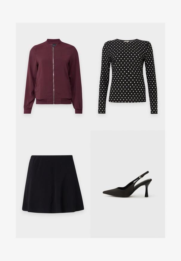 Veste bomber bordeaux à fermeture éclair, col rond et poignets côtelés. Fabriquée dans un tissu lisse avec un design simple et classique.; Haut à manches longues noir avec des pois blancs, col rond et tissu texturé. Offre une silhouette ajustée, idéale pour un look décontracté.; Jupe noire, longueur au-dessus du genou, fabriquée dans un tissu léger avec une texture subtile, dotée d'un design évasé et d'une ceinture élastique.; Chaussures à talons noires avec une bride, à bout pointu, finition mate lisse et talon fin brillant. Sangle ajustable avec petit détail de boucle.