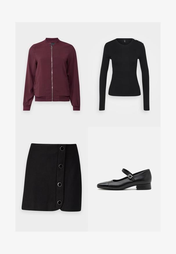 Veste bomber bordeaux à fermeture éclair, col rond et poignets côtelés. Fabriquée dans un tissu lisse avec un design simple et classique.; Haut noir à manches longues au design ajusté, décolleté rond, texture côtelée et boutons décoratifs sur l'épaule droite.; Mini-jupe noire avec un design drapé, dotée de cinq boutons ronds en argent le long de l'avant et d'une texture lisse et mate.; Chaussures Mary Jane en cuir noir avec un embout en vernis, une sangle cheville réglable et un petit talon carré. Texture lisse et design élégant.