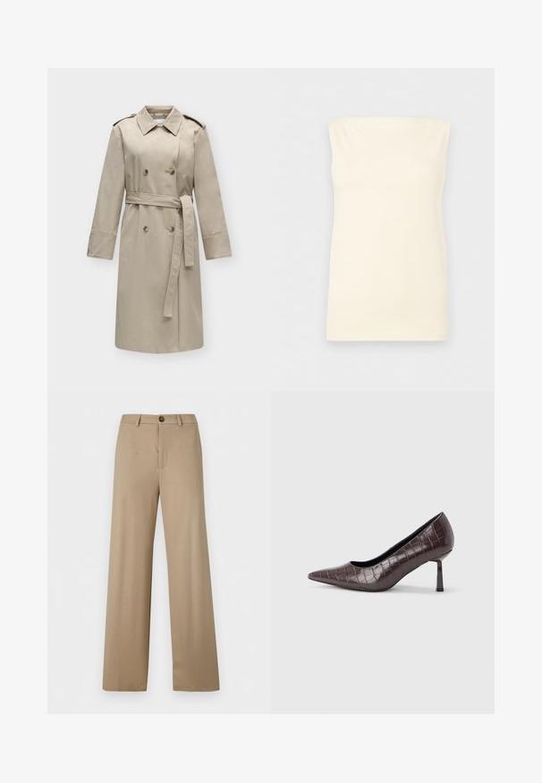 Μπεζ διπλοφόρετο παλτό τύπου trench coat με ζώνη, μακριά μανίκια, επιγονατίδες στους ώμους και φαρδιά γιακά, παρουσιασμένο σε απλό φωτεινό φόντο.; Αμάνικο, κρεμ χρώματος, εφαρμοστό τοπ με ίσια λαιμόκοψη και λεία υφή σε ουδέτερο φόντο.; Μπεζ παντελόνι ψηλόμεσο, με φαρδιά μπατζάκια, θηλιές για ζώνη και ένα κουμπί στη μέση.; Τακούνια καφέ τεχνητού δέρματος με μυτερή μύτη και υφή κροκοδείλου, με λεπτό, γωνιώδες τακούνι και απαλό εσωτερικό επένδυση.
