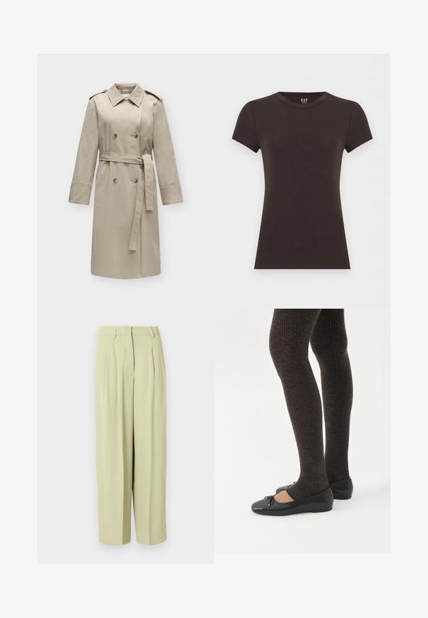 Μπεζ διπλοφόρετο παλτό τύπου trench coat με ζώνη, μακριά μανίκια, επιγονατίδες στους ώμους και φαρδιά γιακά, παρουσιασμένο σε απλό φωτεινό φόντο.; Μαύρο στενό T-shirt με κοντά μανίκια και στρογγυλή λαιμόκοψη, με το λογότυπο GAP στο εσωτερικό γιακά, σε ανοιχτό φόντο.; Φαρδιά παντελόνια ψηλόμεσα σε ανοιχτό μπεζ χρώμα, με πιέτες, θηλιές ζώνης και εμπρόσθιο φερμουάρ.; Πόδια με σκουρόχρωμα ριμπ κολάν συνδυασμένα με μαύρα μπαλαρίνα παπούτσια με μικρές λεπτομέρειες φιόγκων σε λευκό φόντο.