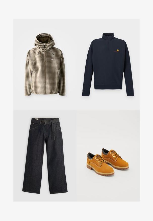 Chaqueta a rayas marrón y crema con capucha, cierre de cremallera completa, bolsillos laterales y puños elásticos, fabricada con un material ligero e impermeable.; Sudadera de forro polar azul marino con media cremallera en el cuello, con un pequeño logotipo amarillo y rojo en el pecho y puños acanalados en las mangas.; Pantalones de mezclilla oscuros de pierna ancha con cintura ajustada, que cuentan con bolsillos frontales y costuras en contraste. Textura suave con un diseño limpio.; Zapatos de ante marrón con punta redonda, cordones amarillos, un collar acolchado negro y suelas de goma con surcos de tracción.