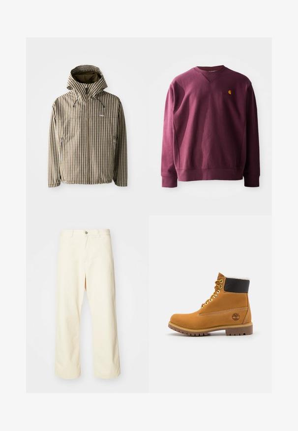 Chaqueta a rayas marrón y crema con capucha, cierre de cremallera completa, bolsillos laterales y puños elásticos, fabricada con un material ligero e impermeable.; Sudadera burdeos de mezcla de algodón. Presenta un diseño de cuello en V y puños acanalados. Pequeño logo amarillo en el pecho. Textura suave.; Pantalones de pierna ancha color crema hechos de algodón, con cierre de botón, presillas para cinturón y dobladillo cosido. Textura suave, sin patrones visibles.; Botín de cuero marrón con ojales de metal, forro de piel sintética blanca, cuello acolchado negro, suela resistente y logotipo en relieve en el costado.