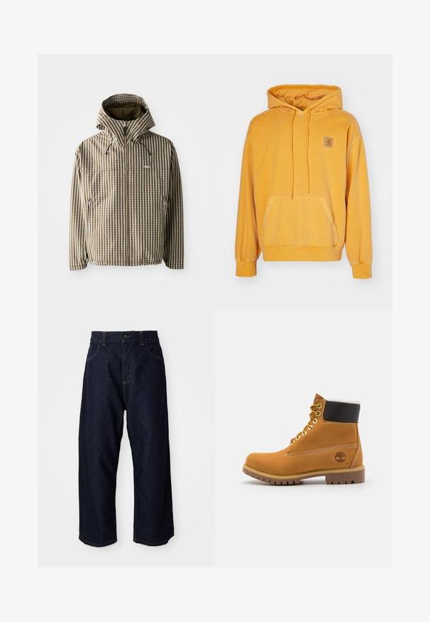 Chaqueta a rayas marrón y crema con capucha, cierre de cremallera completa, bolsillos laterales y puños elásticos, fabricada con un material ligero e impermeable.; Sudadera amarilla con capucha hecha de un tejido suave, que cuenta con un bolsillo frontal, capucha con cordón y un parche de logo cuadrado en el pecho.; Pantalones de mezclilla azul oscuro con un corte relajado, que cuentan con una cremallera de botón, trabillas para cinturón y costuras y bolsillos con pespuntes amarillos.; Botín de cuero marrón con ojales de metal, forro de piel sintética blanca, cuello acolchado negro, suela resistente y logotipo en relieve en el costado.
