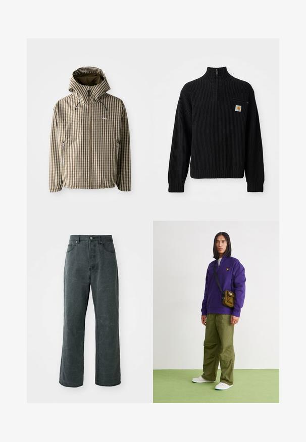 Brun og creme ternet hættejakke med fuld lynlås, sidelommer og elastiske manchetter, fremstillet af letvægts, vandtæt materiale.; Sort ribbet strikket sweater med høj hals, halv lynlås og en lille brystlomme med et logo. Langærmer og struktureret stof.; Bredde ben mørkegrå jeans lavet af denim, med høj talje, fem-lomme design og en subtil distressed tekstur.; Jordan AIR JORDAN 1 ZM CMFT 2 - Sneakers high - summit white/bicoastal/oxidized green