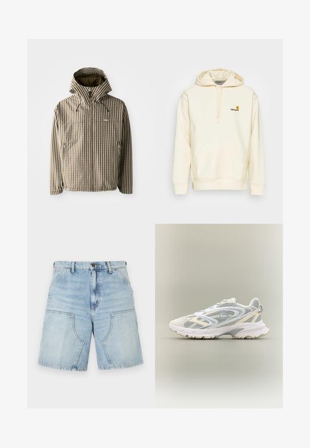 Brun og creme ternet hættejakke med fuld lynlås, sidelommer og elastiske manchetter, fremstillet af letvægts, vandtæt materiale.; Pullover hoodie i off-white bomuldsblanding. Har en forlomme, snøre i hætten og en broderet logo i brun og gul på brystet.; Lyseblå denimshorts med store forlommer, bæltestropper og lukning med knap og lynlås.; Hvid atletiksko med grå mesh-paneler, teksturerede overlejringer, en polstret krave og en gummisål med små grebspidser.