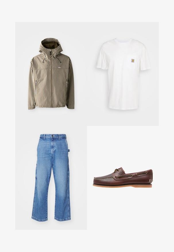 Brun og creme ternet hættejakke med fuld lynlås, sidelommer og elastiske manchetter, fremstillet af letvægts, vandtæt materiale.; Hvid bomulds T-shirt med korte ærmer, en brystlomme, og et lille firkantet logo patch i orange og hvid på lommen.; Lyseblå denim cargo bukser med en afslappet pasform, flere sidelommer og et bredt ben-design. Har en knap- og lynlåslukning.; Brun læder bådsko med hvide sømme, snøre detaljer og lysbrun gummisål, vist fra siden på hvid baggrund.