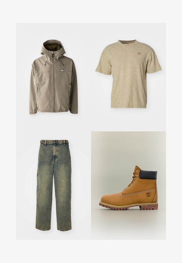 Chaqueta a rayas marrón y crema con capucha, cierre de cremallera completa, bolsillos laterales y puños elásticos, fabricada con un material ligero e impermeable.; Camiseta de manga corta, color marrón claro, fabricada en un tejido suave y texturizado. Presenta un pequeño parche de logo en el pecho y un clásico escote redondo.; Jeans de denim holgados en un lavado azul y verde descolorido. Presenta un cierre de botón, pasadores para el cinturón y bolsillos laterales. Diseño de frente plano y pierna recta.; Bota de tobillo de cuero marrón con cuello negro, cordones amarillos y suela beige. Presenta un logotipo y detalles de costura blanca. Suela exterior con tracción robusta.
