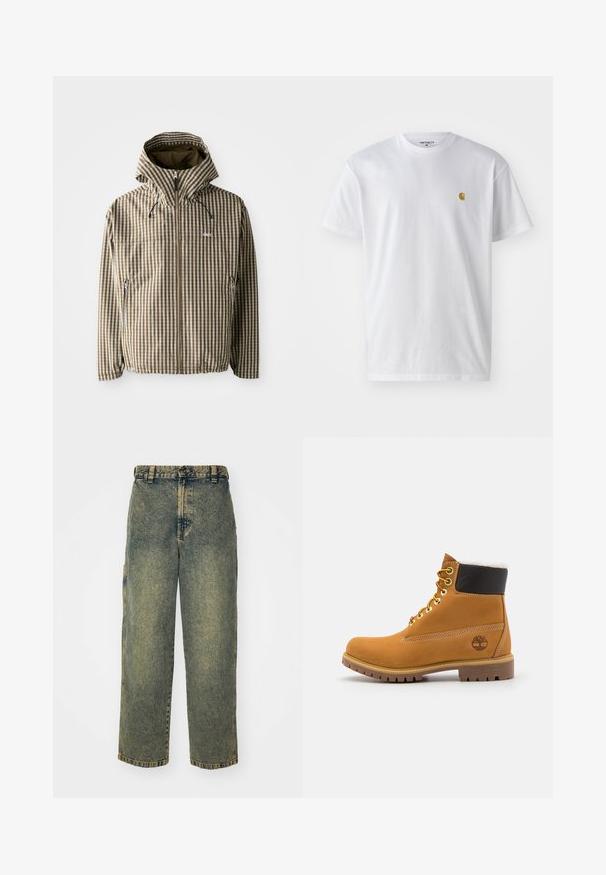 Chaqueta a rayas marrón y crema con capucha, cierre de cremallera completa, bolsillos laterales y puños elásticos, fabricada con un material ligero e impermeable.; Camiseta de algodón blanca con mangas cortas, cuello redondo, que presenta un pequeño logo dorado en la parte izquierda del pecho. Textura suave y corte regular.; Jeans de denim holgados en un lavado azul y verde descolorido. Presenta un cierre de botón, pasadores para el cinturón y bolsillos laterales. Diseño de frente plano y pierna recta.; Botín de cuero marrón con ojales de metal, forro de piel sintética blanca, cuello acolchado negro, suela resistente y logotipo en relieve en el costado.