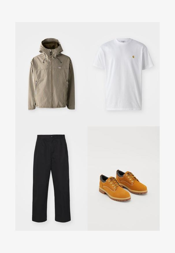 Brun og creme ternet hættejakke med fuld lynlås, sidelommer og elastiske manchetter, fremstillet af letvægts, vandtæt materiale.; Hvid bomulds t-shirt med korte ærmer, rund hals og et lille guld logo på venstre brystområde. Blød tekstur og almindelig pasform.; Sorte bomuldsbukser med lige pasform, der har en knaplukning, to frontlommer og en glat tekstur.; Brune ruskindssko med rund tå, gule snørebånd, en polstret sort krave og gummisåler med skridsikre riller.