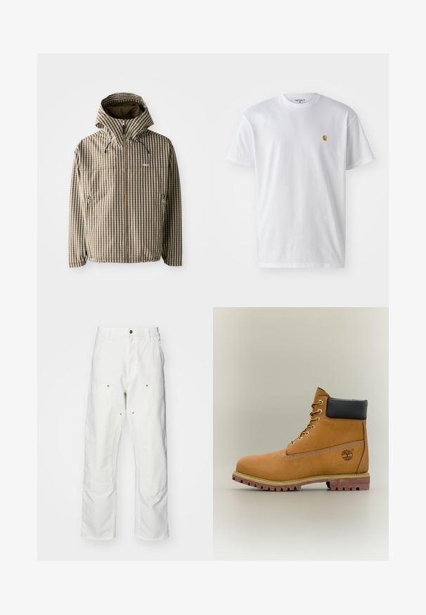 Braune und cremefarbene kariert Kapuzenjacke mit durchgehendem Reißverschluss, seitlichen Taschen und elastischen Bündchen, gefertigt aus leichtem, wasserdichtem Material.; Weißes Baumwoll-T-Shirt mit kurzen Ärmeln, Rundhalsausschnitt, mit einem kleinen goldenen Logo im linken Brustbereich. Weicher Stoff und normale Passform.; Weiße Baumwoll-Cargohose mit lockerer Passform. Zu den Merkmalen gehören Fronttaschen, goldfarbene Hardware-Akzente und verstärkte Kniebereiche.; Brauner Leder-Stiefelette mit schwarzem Kragen, gelben Schnürsenkeln und hellbrauner Sohle. Verfügt über ein Logo und weiße Ziernähe. Robuste Profilsohle.