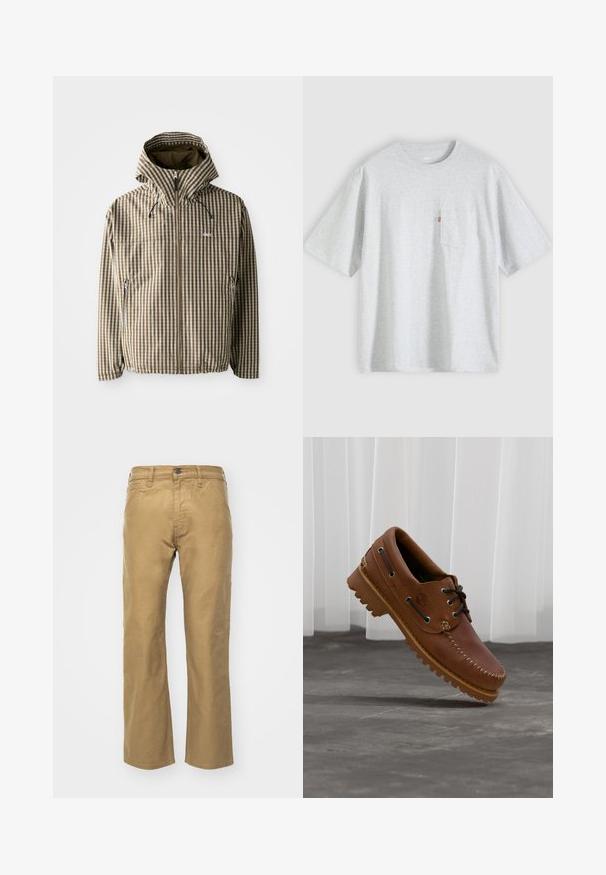 Bruin en crème geruit hoodie met een volledige ritssluiting, zijzakken en elastische manchetten, gemaakt van een lichtgewicht, waterdicht materiaal.; Lichtgrijs T-shirt met korte mouwen, een ronde hals en een klein borstzakje aan de linkerkant met een rode label.; Khaki broek van katoen. Rechte pasvorm met een tailleband en voorzakken. Heeft een enkele achterzak en subtiele stikdetails.; Bruine leren bootschoen met zwarte veters, beige stiksel en een robuuste zool, zwevend boven een grijze betonnen vloer.