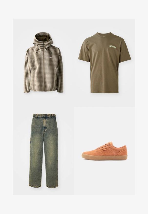 Braune und cremefarbene kariert Kapuzenjacke mit durchgehendem Reißverschluss, seitlichen Taschen und elastischen Bündchen, gefertigt aus leichtem, wasserdichtem Material.; Olivgrünes Baumwoll-T-Shirt mit kurzen Ärmeln, Rundkragen und einem kleinen weißen "Dickies"-Logo auf der linken Brust. Glatte Textur.; Baggy-Jeans aus Denim in einer verblassten Blauen und Grünen Waschung. Mit Knopfverschluss, Gürtelschlaufen und Seitentaschen. Flaches Vorderteil und gerades Bein-Design.; Sandfarbene Wildledersneaker mit texturiertem Obermaterial, runder Zehenpartie und Gummisohle. Verfügt über eine Schnürdesign und gestickte Akzente an den Seiten.