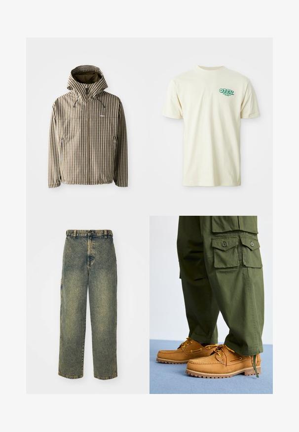 Bruin en crème geruit hoodie met een volledige ritssluiting, zijzakken en elastische manchetten, gemaakt van een lichtgewicht, waterdicht materiaal.; Crème katoenen T-shirt met korte mouwen en een ronde hals, met een groen "OBEY VISUAL DEBIR" logo op de bovenste linkerkant van de borst.; Baggy denim jeans in een vervaagde blauwe en groene was. Heeft een knoopsluiting, riemlussen en zijzakken. Vlakke voorkant en rechte pijpen.; Timberland AUTHENTIC 3 EYE - Bootschoenen - wheat