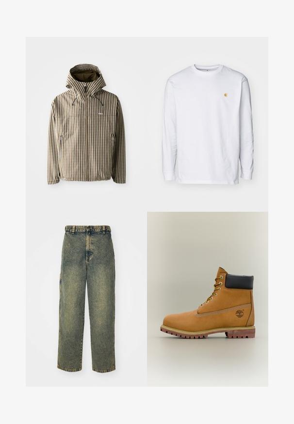 Bruin en crème geruit hoodie met een volledige ritssluiting, zijzakken en elastische manchetten, gemaakt van een lichtgewicht, waterdicht materiaal.; Witte lange mouwen t-shirt van katoen. Voorzien van een klein gouden logo op de borst en een ronde hals. Eenvoudig ontwerp en standaard pasvorm.; Baggy denim jeans in een vervaagde blauwe en groene was. Heeft een knoopsluiting, riemlussen en zijzakken. Vlakke voorkant en rechte pijpen.; Bruine leren enkellaars met zwarte kraag, gele veters en een zandkleurige zool. Voorzien van een logo en witte stikseldetails. Robuuste loopzool met grip.