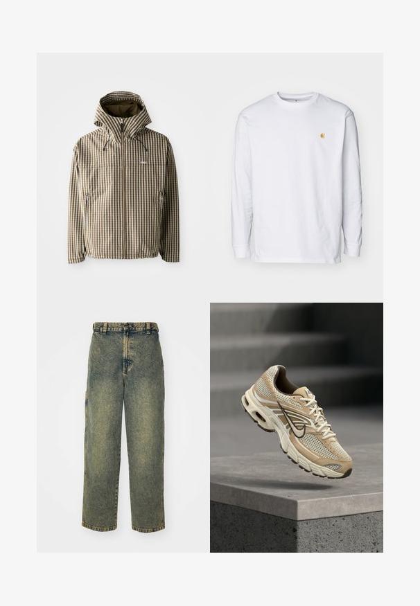 Bruin en crème geruit hoodie met een volledige ritssluiting, zijzakken en elastische manchetten, gemaakt van een lichtgewicht, waterdicht materiaal.; Witte lange mouwen t-shirt van katoen. Voorzien van een klein gouden logo op de borst en een ronde hals. Eenvoudig ontwerp en standaard pasvorm.; Baggy denim jeans in een vervaagde blauwe en groene was. Heeft een knoopsluiting, riemlussen en zijzakken. Vlakke voorkant en rechte pijpen.; Beige en witte Nike hardloopschoen met mesh panelen en zwarte Swoosh, zwevend boven een betonnen richel met wazige trappen op de achtergrond.