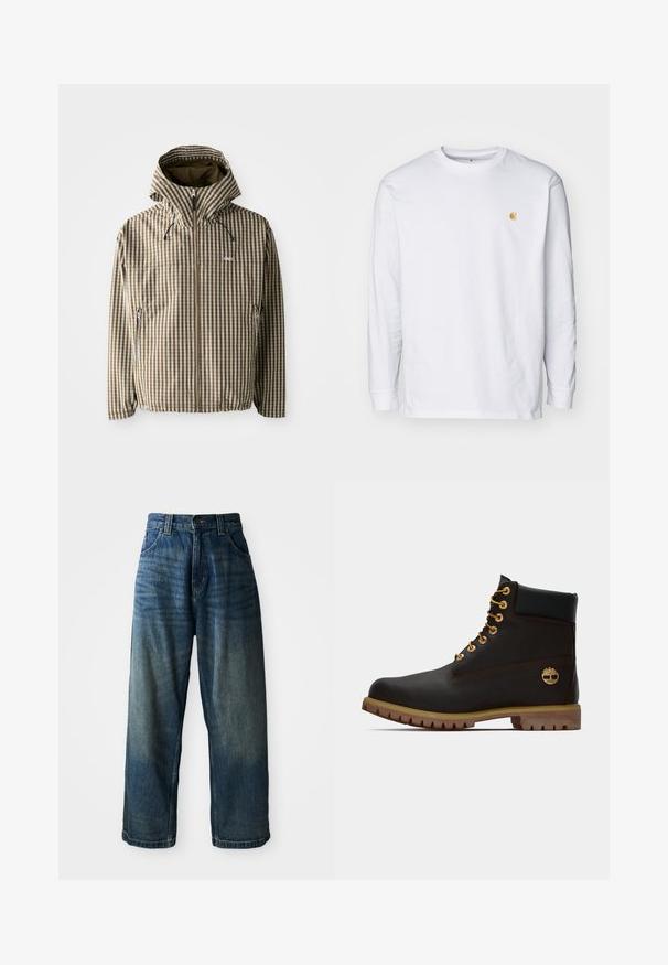 Braune und cremefarbene kariert Kapuzenjacke mit durchgehendem Reißverschluss, seitlichen Taschen und elastischen Bündchen, gefertigt aus leichtem, wasserdichtem Material.; Weißes Langarm-T-Shirt aus Baumwolle. Mit kleinem goldenem Logo auf der Brust und Rundhalsausschnitt. Einfaches Design und normale Passform.; Weite blaue Denim-Jeans mit einem verwaschenen Finish. Verfügt über fünf Taschen, einen Knopfverschluss und kontrastierende Nähte. Schwergewichtiges Material.; Schwarze Leder-Ankle-Boots mit goldenen Ösen, braunen Akzenten und einer Gummisohle. Verfügt über einen gepolsterten Schaft und ein geprägtes Logo an der Seite.