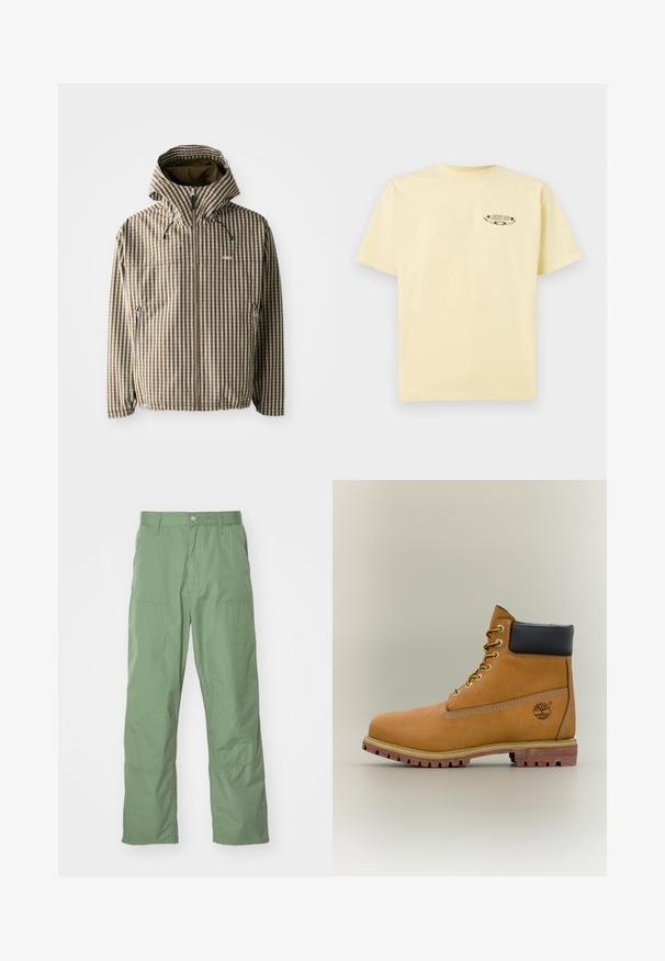 Braune und cremefarbene kariert Kapuzenjacke mit durchgehendem Reißverschluss, seitlichen Taschen und elastischen Bündchen, gefertigt aus leichtem, wasserdichtem Material.; Gelbes Baumwoll-T-Shirt mit kurzen Ärmeln und Rundhalsausschnitt, mit einem bedruckten Grafiklogo im Bereich der linken Brust.; Hellgrüne, lässige Hose mit glatter Textur, ausgestattet mit Seitentaschen und sichtbaren Nähten. Vollständig lang mit geradem Bein.; Brauner Leder-Stiefelette mit schwarzem Kragen, gelben Schnürsenkeln und hellbrauner Sohle. Verfügt über ein Logo und weiße Ziernähe. Robuste Profilsohle.