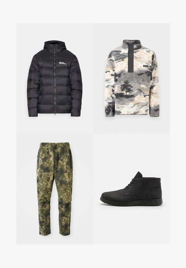 Jack Wolfskin NEBELHORN - Gewatteerde jas - black; Fleece pullover met drukknopenlijst, borstzak met rits, en grijs, zwart, crème wolk- en bomenpatroon.; Camo broek in verschillende tinten groen met een digitaal patroon. Voorzien van een elastische tailleband, trekkoord en zijzakken met rits.; Zwarte midhoge veter schoen met gladde afwerking en gestructureerde zool, zijaanzicht op een effen lichte achtergrond.