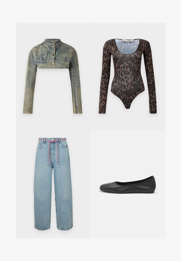 Paolina Russo Veste en jean - sand; Bodysuit à manches longues avec un imprimé abstrait de serpent et d'animaux marron et noir, décolleté à larme et étiquette Fiorucci Milano à l'intérieur du col.; Jeans en denim bleu clair à jambes larges avec une taille haute, dotés d'un cordon de serrage tissé rose et de cinq poches. Texture authentique délavée.; Ballerines en cuir noir avec un bout rond, texture lisse, détails de couture minimalistes et design de semelle flexible.