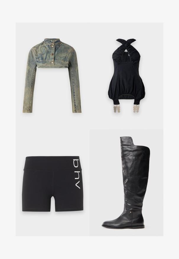 Paolina Russo Veste en jean - sand; Haut en halter noir avec tissu froncé, décolleté carré et accents élastiques. Comprend une fermeture éclair à l'avant et un matériel décoratif unique à l'ourlet.; Shorts de sport noirs ajustés avec une taille haute et un logo vertical blanc "bhv" sur le côté droit.; Botte noire en cuir montant jusqu'au genou avec semelle plate et haut légèrement plus large, muni d'une coupe asymétrique sur le côté externe.