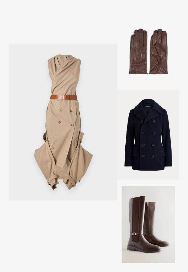 Marineblauwe double-breasted pea coat met brede kraag, zes zwarte knopen en twee voorzakken met klep.; Beige wikkeljurk met een geplooide halslijn, riem met zilveren gesp, dubbele knoopdetails en losse mouwen.; Bruine leren kniehoge laarzen met een gestructureerd paneel, een rits aan de zijkant en een goudkleurige gesp. Rond neus en ontwerp met een lage blokhak.; Bruine leren handschoenen met een gladde textuur. Kenmerken zijn onder andere vijf vingertoppen, subtiele stiksels op de rug en geplooide polsdetails.