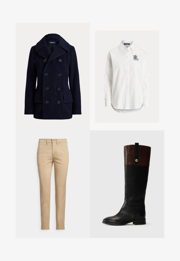 Navyblå dobbeltradet pea coat med bred krave, seks sorte knapper og to forlommer med klap.; Hvid langærmet skjorte med knapper og spidser krave samt sort broderet logo på venstre bryst.; Beige bomuldschinos med lige pasform, der har knaplukning, forlommer og syningsdetaljer langs sømmene.; Sorte læderknæhøje støvler med en brun lædermanchet, metaldetaljer og en glat overflade. Har en rund tå og flad hæl.