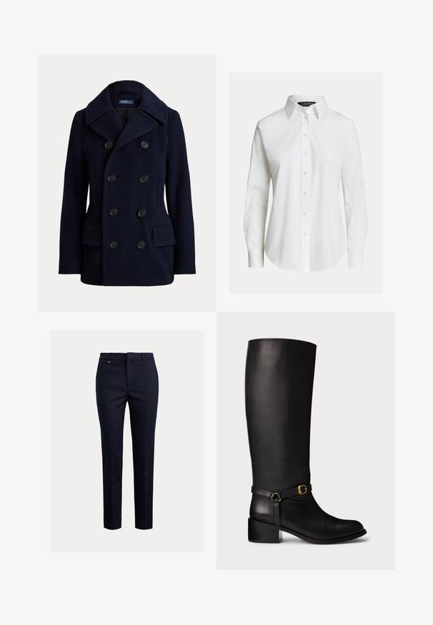 Manteau pea-coat bleu marine à double boutonnage avec large col, six boutons noirs et deux poches avant à rabat.; Chemise blanche à manches longues avec col pointu, boutons sur le devant et ourlet légèrement incurvé.; Pantalon chino marine en mélange de coton, coupe fuselée, devant plat, poches latérales et une poche arrière unique ; orné d'un petit logo doré.; Botte en cuir noir montant jusqu'au genou, avec un petit talon carré et une sangle décorative dotée d'une petite boucle en or à la cheville.