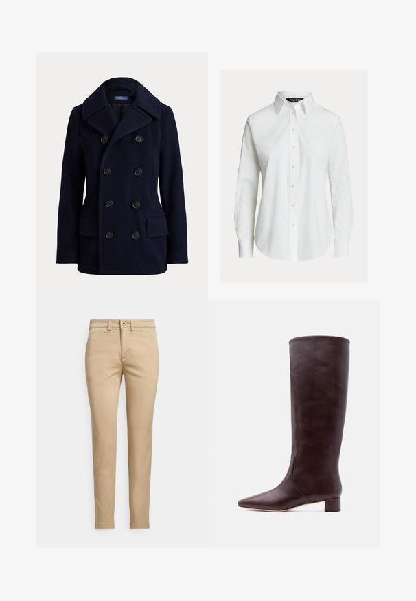 Manteau pea-coat bleu marine à double boutonnage avec large col, six boutons noirs et deux poches avant à rabat.; Chemise blanche à manches longues avec col pointu, boutons sur le devant et ourlet légèrement incurvé.; Chinos en coton beige avec une coupe droite, dotés d'une fermeture à bouton, de poches avant et de détails cousus le long des coutures.; Botte haute en cuir marron avec un bout pointu et un petit talon carré, debout droite sur un fond clair uni.