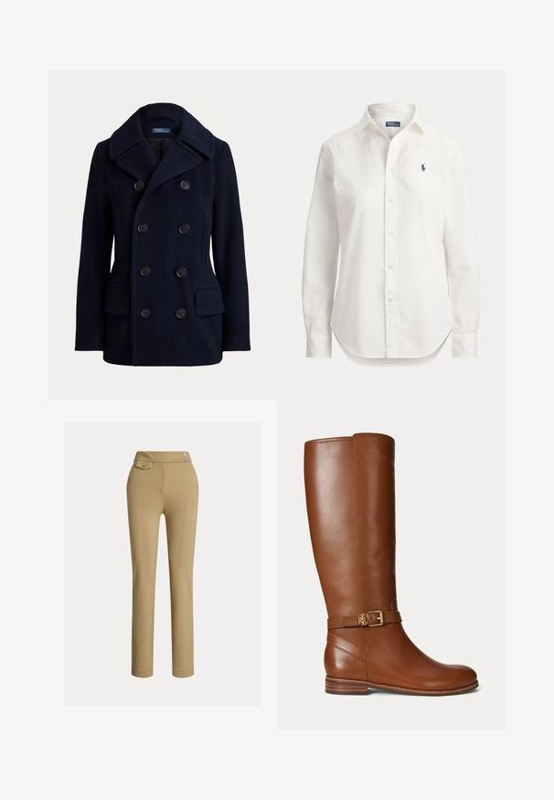 Tmavomodrý dvojradový pea coat so širokým golierom, šiestimi čiernymi gombíkmi a dvoma prednými náprsnými vreckami s chlopňou.; Biela košeľa s dlhými rukávmi na gombíky, s golierom a malým modrým logom hráča póla na ľavej strane hrudníka.; Béžové oblekové nohavice s hladkou textúrou, vysokým pásom, dvoma dekoratívnymi gombíkmi a jednou zadnou vreckom. Strih na rovné nohy.; Hnedá kožená čižma po kolená s malou zlatou prackou a logom "RL" na remienku pri členku, s plochým podpätkom a hladkým povrchom.