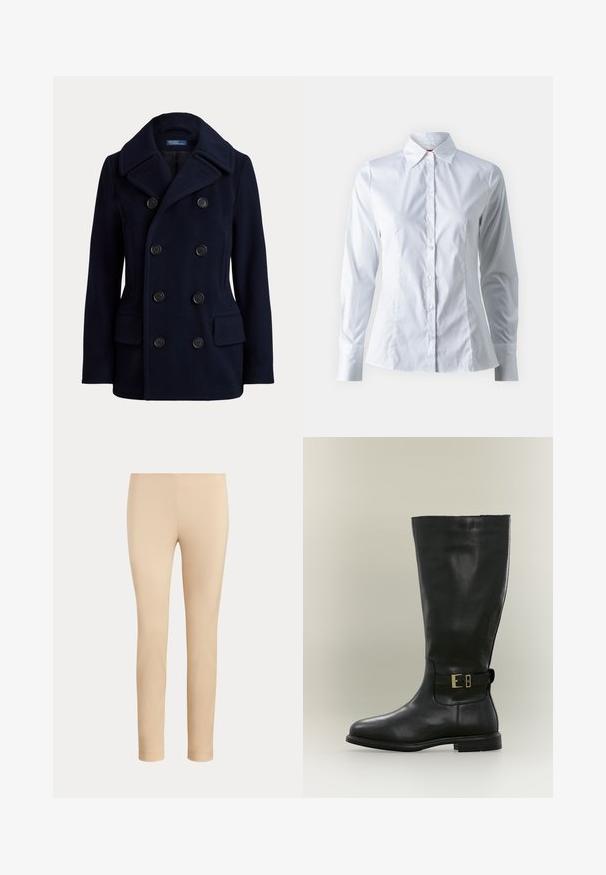 Navyblå dobbeltradet pea coat med bred krave, seks sorte knapper og to forlommer med klap.; Hvid skjorte med lange ærmer, spidse krave, tætsiddende design, glat bomuldsstof og frontlukning med knapper.; Beige slim-fit ankellange bukser med en glat finish og uden synlige lommer eller pynt på en ensfarvet baggrund.; Høj sort læderstøvle med lav hæl og en sidestrope med en lille guldbeklædning, vist på en neutral baggrund.