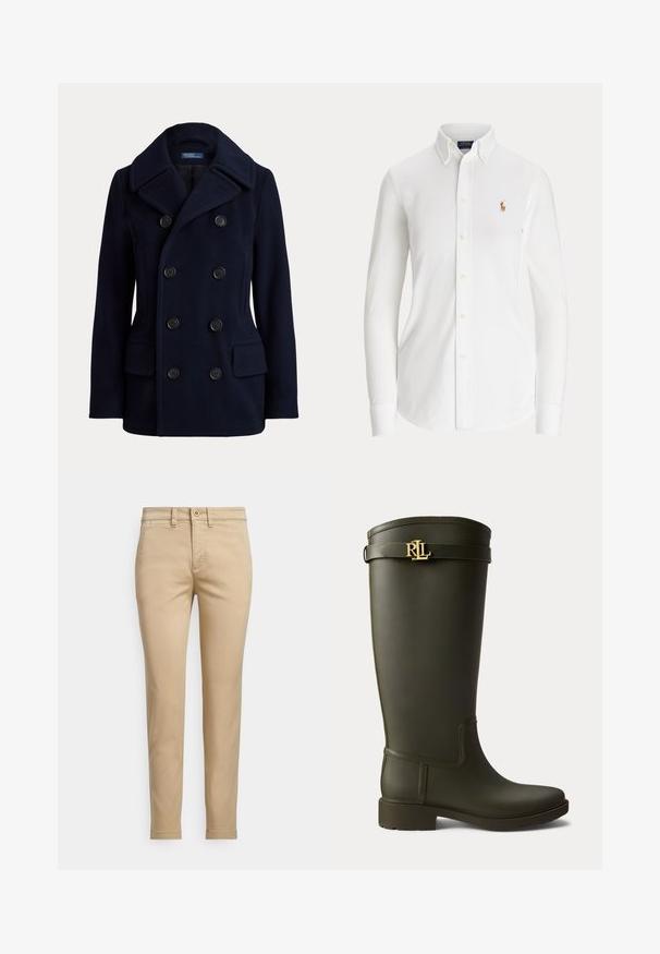 Tmavomodrý dvojradový pea coat so širokým golierom, šiestimi čiernymi gombíkmi a dvoma prednými náprsnými vreckami s chlopňou.; Biela košeľa s dlhým rukávom zapínaná na gombíky, golierom na gombíky a malým vyšitým logom hráča póla na hrudi.; Béžové bavlnené chino nohavice s priamym strihom, so zapínaním na gombík, prednými vreckami a prešitým detailom pozdĺž švov.; Vysoká tmavozelená gumená dažďová čižma s nízkym podpätkom a zlatým logom RLL na pásiku blízko vrchu.