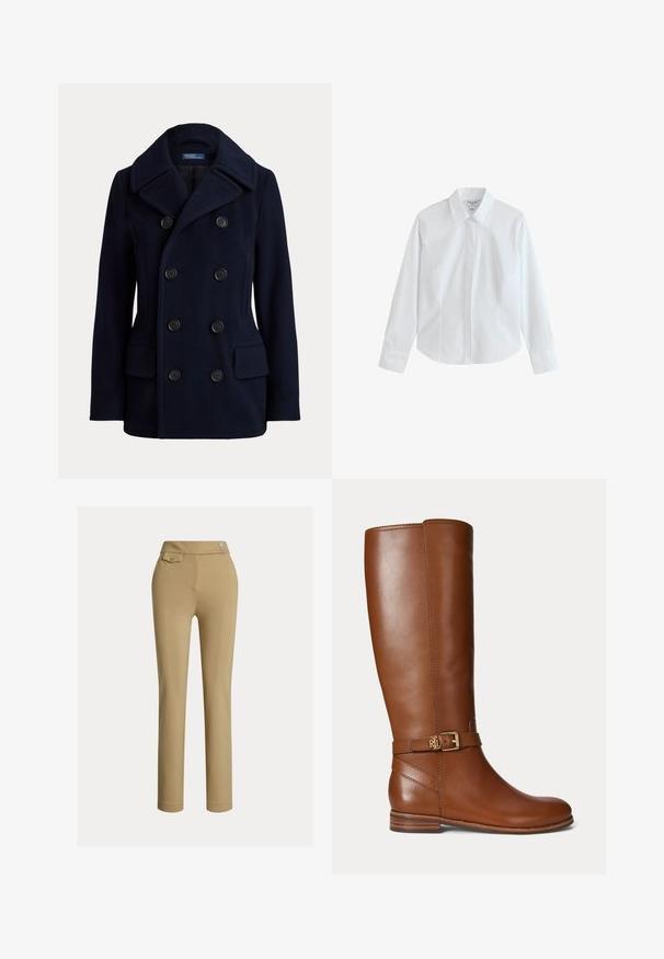 Tmavomodrý dvojradový pea coat so širokým golierom, šiestimi čiernymi gombíkmi a dvoma prednými náprsnými vreckami s chlopňou.; Biela košeľa s dlhým rukávom, špicatým golierom a skrytými prednými gombíkmi, položená na bielom pozadí.; Béžové dámske nohavice slim-fit s vysokým pásom, dvoma gombíkmi na boku a malou gombíkovou vreckom blízko pásu.; Hnedá kožená čižma po kolená s malou zlatou prackou a logom "RL" na remienku pri členku, s plochým podpätkom a hladkým povrchom.