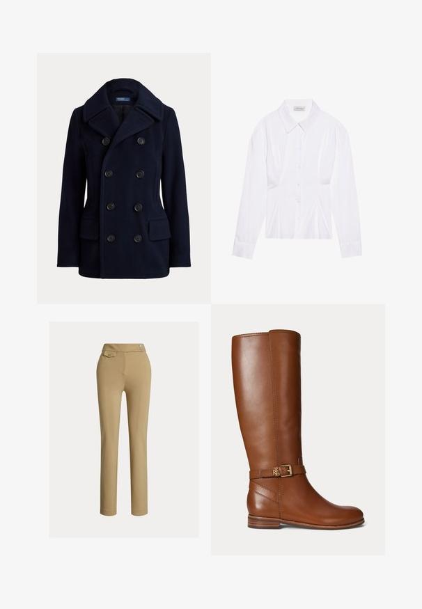 Tmavomodrý dvojradový pea coat so širokým golierom, šiestimi čiernymi gombíkmi a dvoma prednými náprsnými vreckami s chlopňou.; Biela blúzka s dlhým rukávom a klasickým golierom, so zapínaním na gombíky vpredu a detailom so zberaním na boku. Hladká tkanina s prispôsobeným strihom.; Béžové dámske nohavice slim-fit s vysokým pásom, dvoma gombíkmi na boku a malou gombíkovou vreckom blízko pásu.; Hnedá kožená čižma po kolená s malou zlatou prackou a logom "RL" na remienku pri členku, s plochým podpätkom a hladkým povrchom.