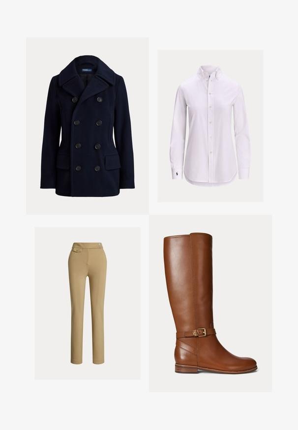 Navyblå dobbeltradet pea coat med bred krave, seks sorte knapper og to forlommer med klap.; Hvid langærmet skjorte med knapper foran, knappet krave og lille broderet logo på venstre manchet.; Beige skræddersyede bukser med en glat tekstur, høj talje, to dekorative knapper og en enkelt baglomme. Lige ben-design.; Brun læder knæhøj støvle med en lille guldbøjle og "RL" logo på remmen nær anklen, flad hæl og glat finish.