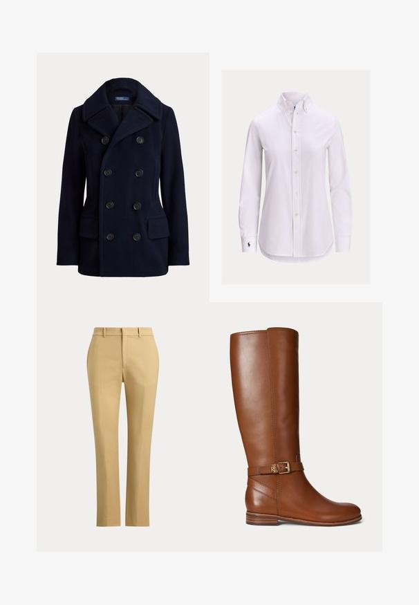 Navyblå dobbeltradet pea coat med bred krave, seks sorte knapper og to forlommer med klap.; Hvid langærmet skjorte med knapper foran, knappet krave og lille broderet logo på venstre manchet.; Beige bukser med lige ben, bæltestropper, foran lynlås og skræddersyede folder på en ensfarvet lys baggrund.; Brun læder knæhøj støvle med en lille guldbøjle og "RL" logo på remmen nær anklen, flad hæl og glat finish.