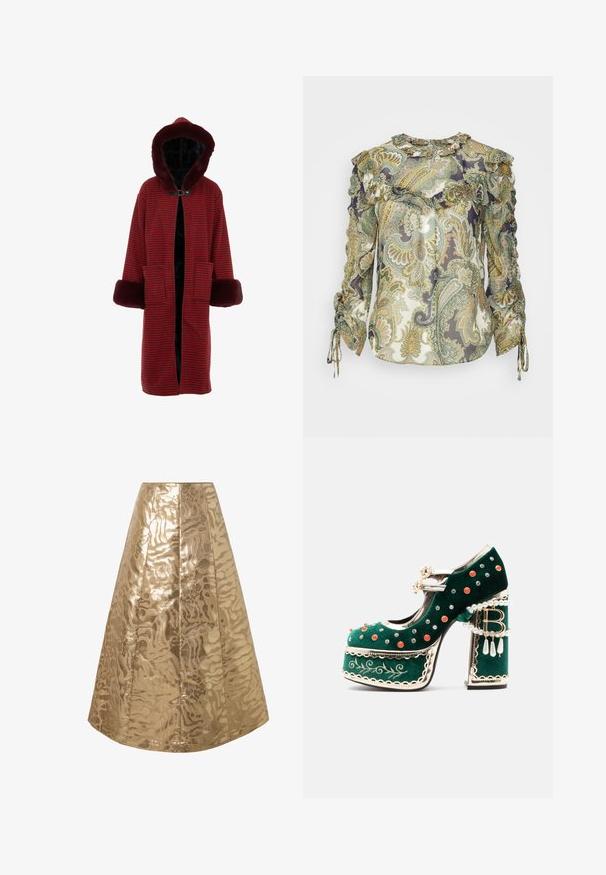 Rød og sort ternet badekåbe med hætte, der har faux fur-foring og manchetter, samt to forlommer. Lukket med en toggellukning.; Veronica Beard HOWELL BLOUSE - Bluse - green; Guldfarvet A-linje nederdel med et skinnende, tekstureret mønster, der minder om et abstrakt dyreprint, med lodrette sømme for struktur.; Grøn fløjlsplatformsko med dekorative røde og sølvnitter, perleseler, guldkant, broderi og en blokhæl med dinglende perler og en "B"-vedhæng.