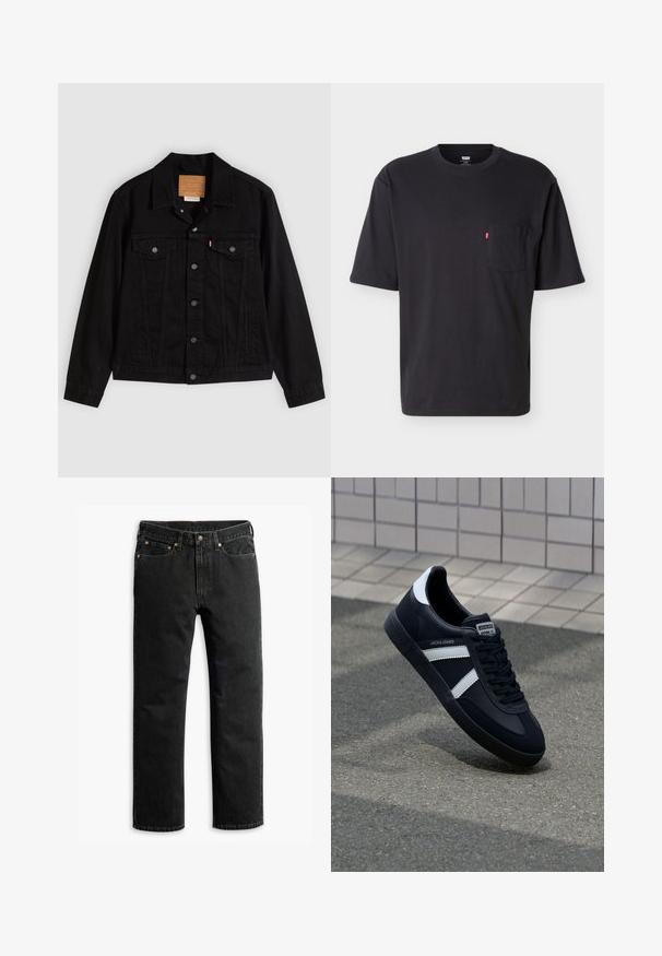 Sort denimjakke med klassisk design, der har en spids krave, brystlommer, lukning med fem knapper og et lædermærke med mærkenavn.; Sort T-shirt med korte ærmer, rund hals og brystlomme med lille rød Levi's logo på lommen mod ensartet lyst baggrund.; Sorte lige ben denim jeans med fem lommer, bæltestropper og en knaplukning i taljen, lagt fladt på en hvid baggrund.; Sort lædersneaker med hvide striber, tekstureret gummisål og snørrebånd foran. Har et brandet mærke på tungen.